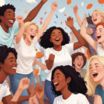 cartoon image depicting a group of teens and young adults celebrating at a group event outdoors